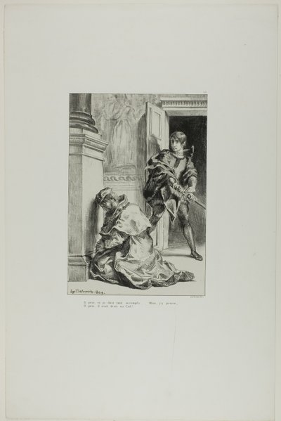 Hamlet forsøger at dræbe kongen, planche 8 fra Hamlet af Eugène Delacroix
