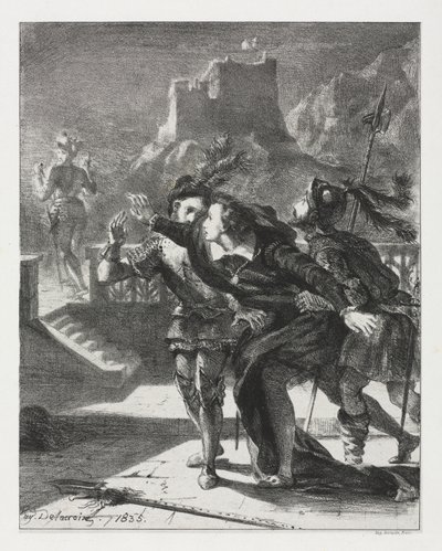 Hamlet: Hamlet skynder sig at følge sin fars spøgelse af Eugène Delacroix