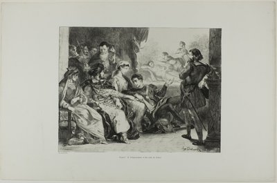 Hamlet får spillerne til at iscenesætte forgiftningen af hans far, planche 7 fra Hamlet af Eugène Delacroix