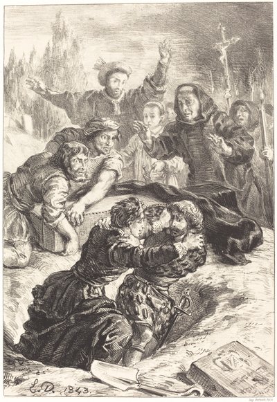 Hamlet og Laertes i Ophelias grav (V. akt, Scene I) af Eugène Delacroix