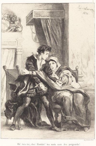 Hamlet and the Queen Act III, Scene IV, 1834. af Eugène Delacroix