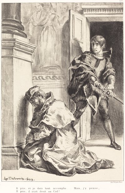 Hamlet er fristet til at dræbe kongen (Act III, Scene III) af Eugène Delacroix