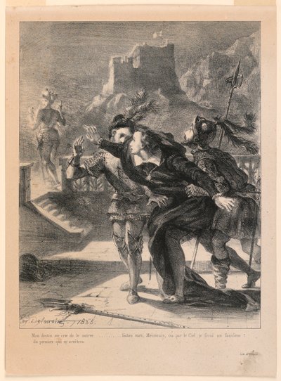 Illustration til Hamlet: Hamlet forsøger at følge sin fars spøgelse (I,4) af Eugène Delacroix
