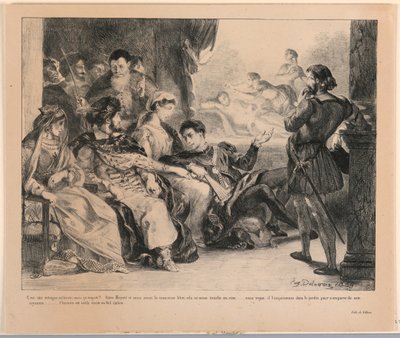 Illustration til Hamlet: Spillerne repræsenterer Hamlets fars død (III,2) af Eugène Delacroix