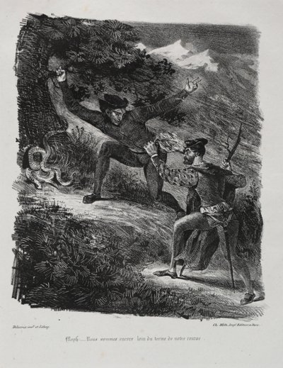 Illustrationer til Faust: Faust og Méphistophélés i Hartz-bjergene af Eugène Delacroix