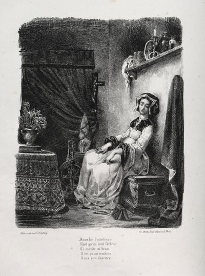 Illustrationer til Faust: Marguerite med hjulet af Eugène Delacroix