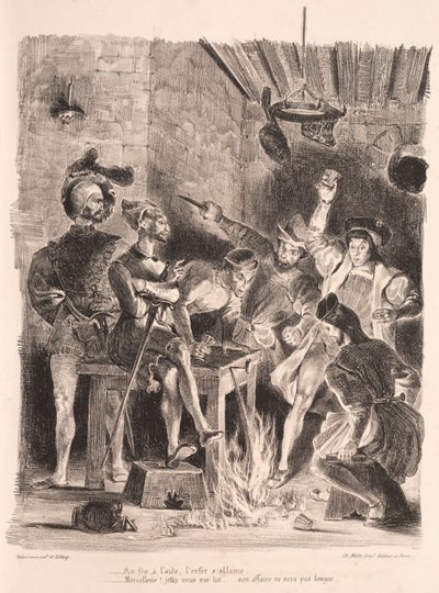 Illustrationer til Faust: Méphistophélés i elevernes værtshus af Eugène Delacroix