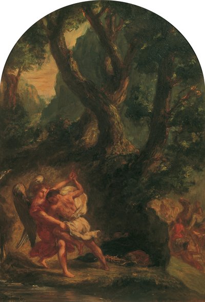 Jacob brydes med englen, 1850-1855. af Eugène Delacroix