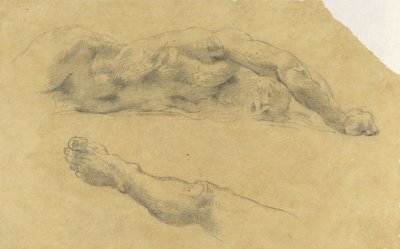Tilbagelænet nøgen mand; hans ben separat af Eugène Delacroix