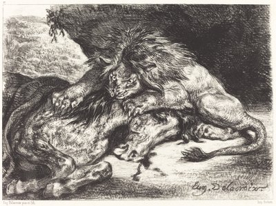 Løve fortærer en hest Løve fortærer en hest, 1844. af Eugène Delacroix