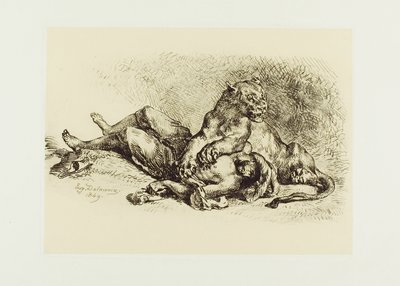 Løvinde river i brystet på en araber af Eugène Delacroix