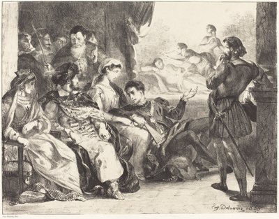 Spillere der udfører forgiftningen af Hamlets far Act III, Scene II, 1835. af Eugène Delacroix