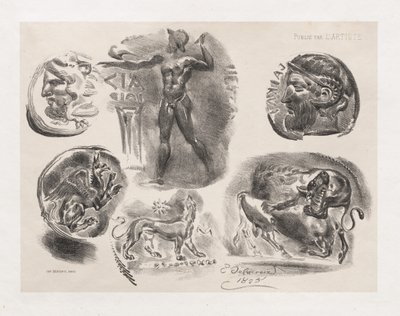 Ark med seks antikke mønter af Eugène Delacroix