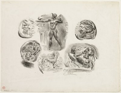 Ark med seks antikke medaljer af Eugène Delacroix
