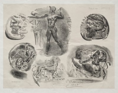 Ark med seks antikke medaljer af Eugène Delacroix