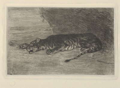 Tiger liggende ved indgangen til dens hule, ca. 1828-30., ca. 1828-30. af Eugène Delacroix