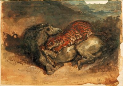 Tiger angriber en hest af Ferdinand Victor Eugene Delacroix