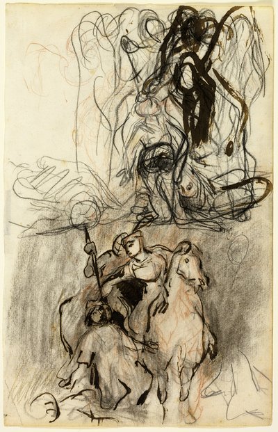 To Skitser; Bevæbnede ryttere og figur på jorden af Eugène Delacroix