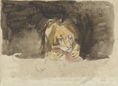 Kødædende løve, set forfra, der kommer ud mod en mørk baggrund af Eugène Delacroix