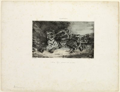 Ung tiger leger med sin mor af Eugène Delacroix