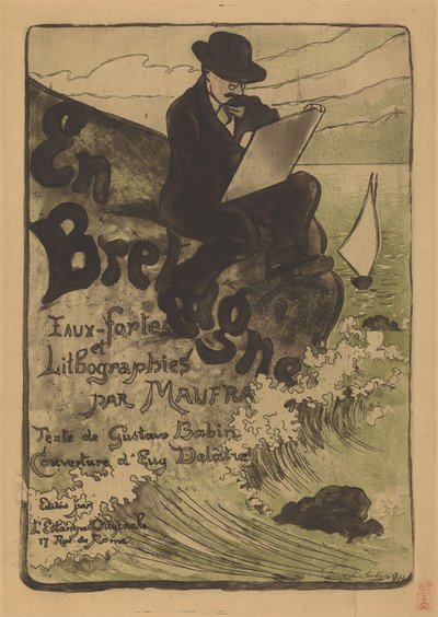Portræt af Maxime Maufra tegner på en sten Og Brittany (titel på objekt) af Eugène Delâtre