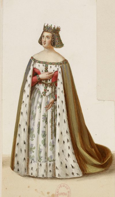 Mlle Georges kostume som Marguerite de Bourgogne (La Tour de Nesle, 1832) 2 (beskåret) af Eugène Du Faget