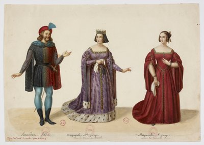 Kostumer - Frederic Lemaitre som Buridan, Mlle George som Marguerite de Bourgogne (La Tour de Nesle, september 1832) af Eugène Du Faget