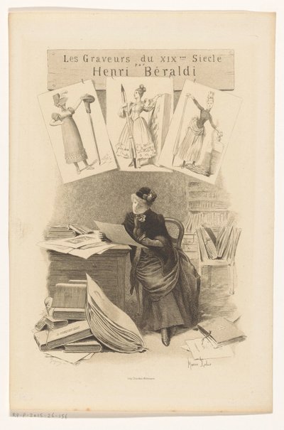 Kvinde ser på billeder bag et skrivebord Titelside for: Henri Béraldi, Les engravers du XIXe siècle, 1899 af Eugène Gaujean