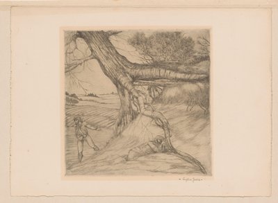 Såmand og liggende figur med foldede hænder i et landskab af Eugène Joors (signed by artist)