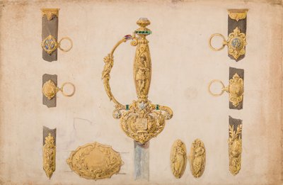 Design til et sværdfælt, skede og bæltebeslag, ca. 1840-50. af Eugène Julienne.