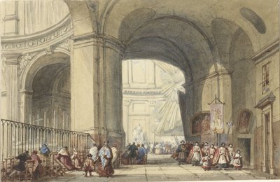 Interiør af S. Roche i Paris, med en procession i forgrunden af Eugène Louis Lami (possibly)
