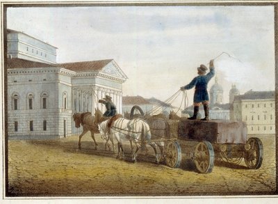 Transport af granitblokke til teaterpladsen i Sankt Petersborg. Værk af Eugene Pluchart (1809-1880), akvarel på litografi af Eugéne Pluchart