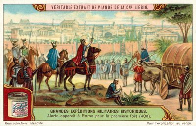Alarik, vestgoternes konge, ankommer til Roms porte for første gang, 408 (chromolitho) af European School