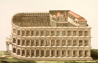 Gamle romerske teater Marcellus, bygget i slutningen af det 1. århundrede f.Kr. (farvet indgravering) af European School