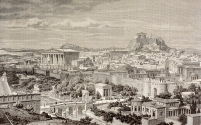 Kunstnerindtryk af Athen, på kejser Hadrians tid, fra 