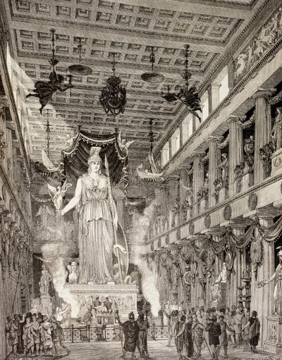 Kunstnerindtryk af statuen af gudinden Athena i Parthenon, Athen, i den klassiske periode, fra 