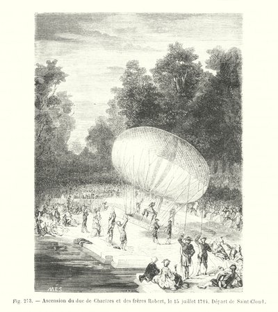 Hertugen af ​​Chartres og Robert-brødrenes himmelfart, 15. juli 1784, afgang fra Saint-Cloud (gravering) af European School