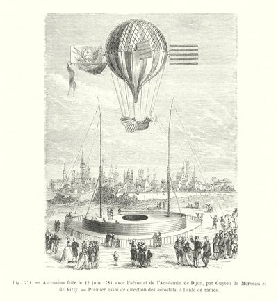 Opstigning foretaget den 12. juni 1784 med aerostaten fra Academy of Dijon, af Guyton de Morveau og de Virly, Første test af retning af aerostater, ved hjælp af årer (gravering) af European School