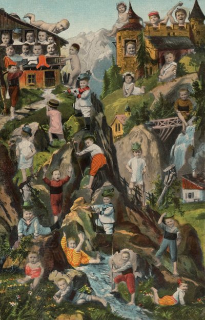 Babyer i bjergene (farvelitografi) af European School