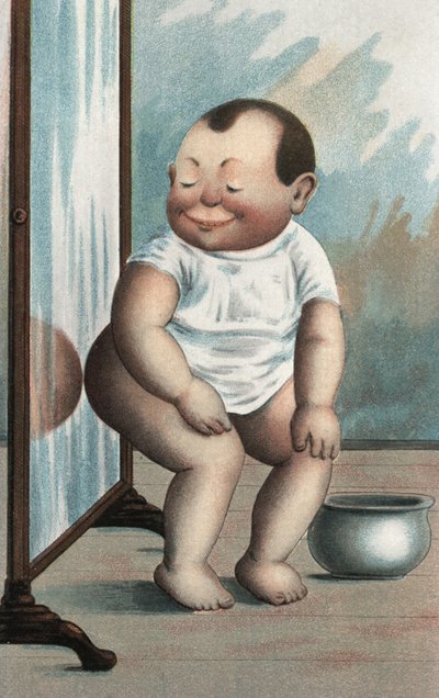 Baby med spejl (farvelitografi) af European School