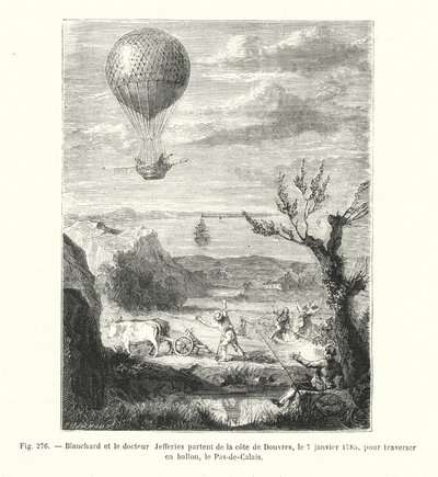 Blanchard og Doctor Jefferies forlader Dovers kyst den 7. januar 1785 for at krydse Pas-de-Calais i en ballon (gravering) af European School