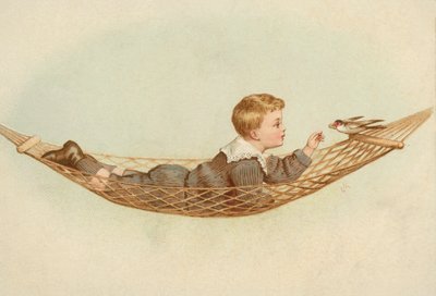 Dreng ligger i en hængekøje og fodrer en fugl (chromolitho) af European School