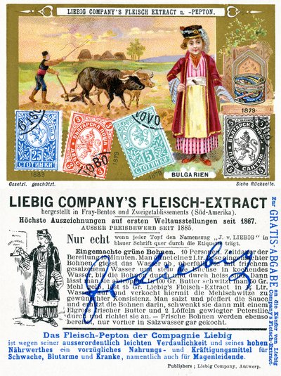 Bulgarske frimærker, for- og bagside af et Liebig-kampagnekort, 1897 af European School