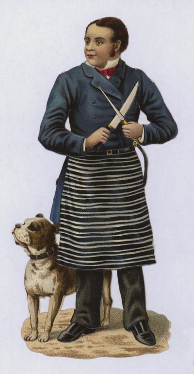 Slagter, slibekniv, med hund af European School