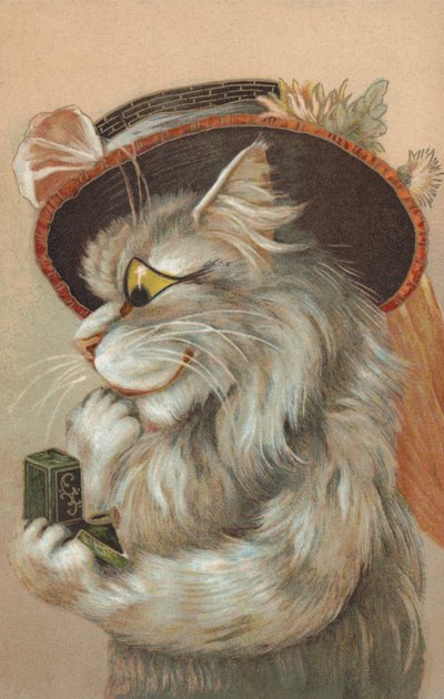 Kat med hat og kigger på en ring (chromolitho) af European School