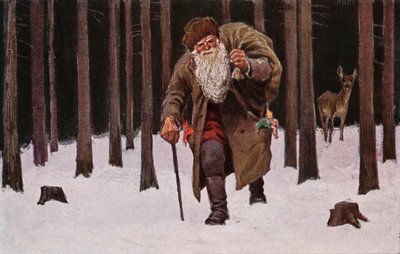 Julekort, julemanden trasker gennem sneen med en sæk gaver, hjorte i baggrunden (farvelitografi) af European School