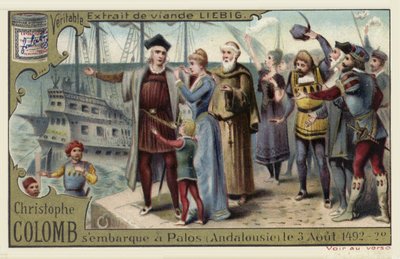 Christopher Columbus embarks on his voyage to the New World, Palos, Spain, 3 August 1492  af European School