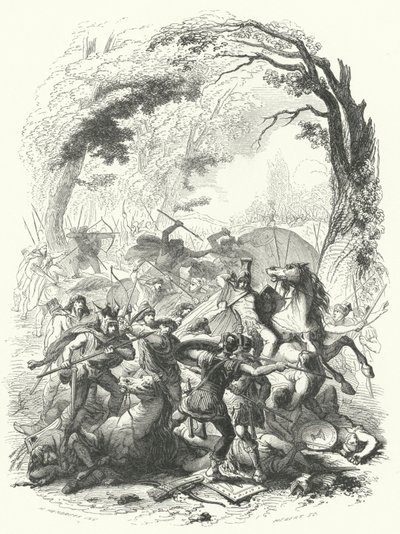 Nederlag af den romerske hær under Sabinus og Cotta af gallerne, 54 f.Kr. (gravering) af European School