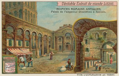 Diocletians Palads i Split i Kroatien med detalje af kolonnaden og den sydlige havport (chromolitho) af European School