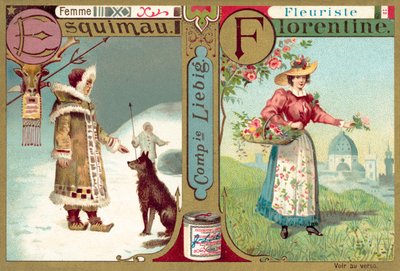 Eskimo kvinde og florentinsk blomsterhandler (chromolitho) af European School